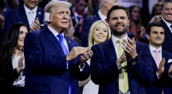 epa11482839 Republican presidential nominee and former President Donald Trump (L), and his vice presidential running mate Senator JD Vance (R) attend the second day of the Republican National Convention (RNC) at Fiserv Forum in Milwaukee, Wisconsin, USA, 16 July 2024. The convention comes days after a 20-year-old Pennsylvania man attempted to assassinate former President and current Republican presidential nominee Donald Trump. The 2024 Republican National Convention is being held 15 to 18 July 2024 in which delegates of the United States’ Republican Party select the party's nominees for president and vice president in the 2024 United States presidential election.  EPA/JUSTIN LANE