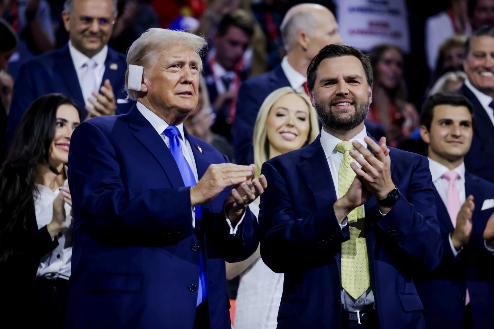 epa11482839 Republican presidential nominee and former President Donald Trump (L), and his vice presidential running mate Senator JD Vance (R) attend the second day of the Republican National Convention (RNC) at Fiserv Forum in Milwaukee, Wisconsin, USA, 16 July 2024. The convention comes days after a 20-year-old Pennsylvania man attempted to assassinate former President and current Republican presidential nominee Donald Trump. The 2024 Republican National Convention is being held 15 to 18 July 2024 in which delegates of the United States’ Republican Party select the party's nominees for president and vice president in the 2024 United States presidential election.  EPA/JUSTIN LANE