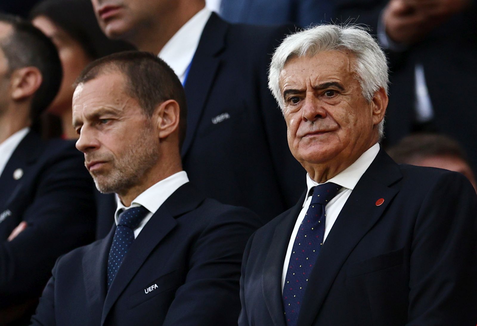 epa11448774 UEFA President Aleksander Ceferin (L) and Pedro Rocha (R), president of Spanish football association RFEF, look on prior the UEFA EURO 2024 Round of 16 soccer match between Spain and Georgia, in Cologne, Germany, 30 June 2024.  EPA/ANNA SZILAGYI