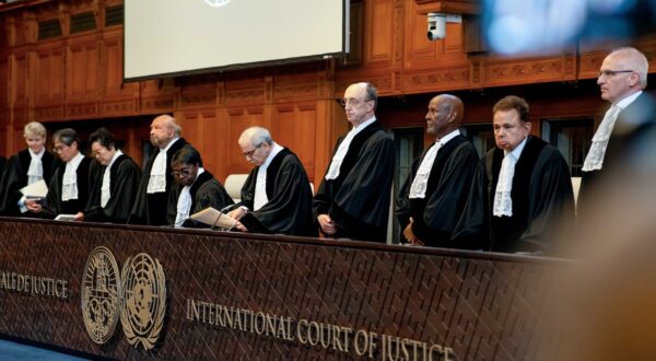 epa11487549 The panel of judges, with President Nawaf Salam (C), at the International Court of Justice in The Hague, the Netherlands, during a non-binding ruling on the legal consequences of the Israeli occupation of the West Bank and East Jerusalem, 19 July 2024. The ICJ advises that Israel's settlement policy is in violation of international law.  EPA/LINA SELG