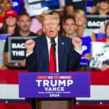 epa11495038 Republican presidential candidate Donald J. Trump gestures during a campaign rally at Bojangles Coliseum in Charlotte, North Carolina, USA, 24 July 2024.  EPA/DAVID JENSEN