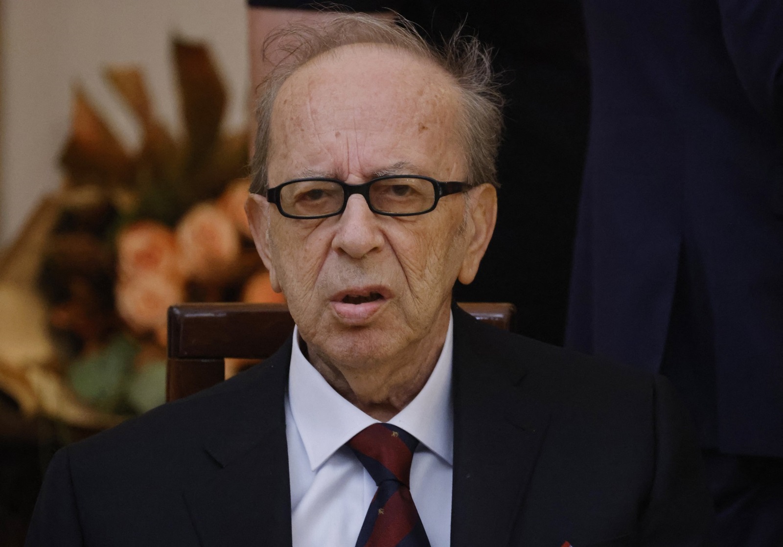 (FILES) Renowned Albanian writer Ismail Kadare listens to the French President's speech during a meeting at the Palace of Brigades in Tirana, on October 16, 2023. Albanian writer Ismaïl Kadare, 88, died on July 1, 2024, his publisher and hospital told AFP.,Image: 886173752, License: Rights-managed, Restrictions: , Model Release: no, Credit line: Ludovic MARIN / AFP / Profimedia