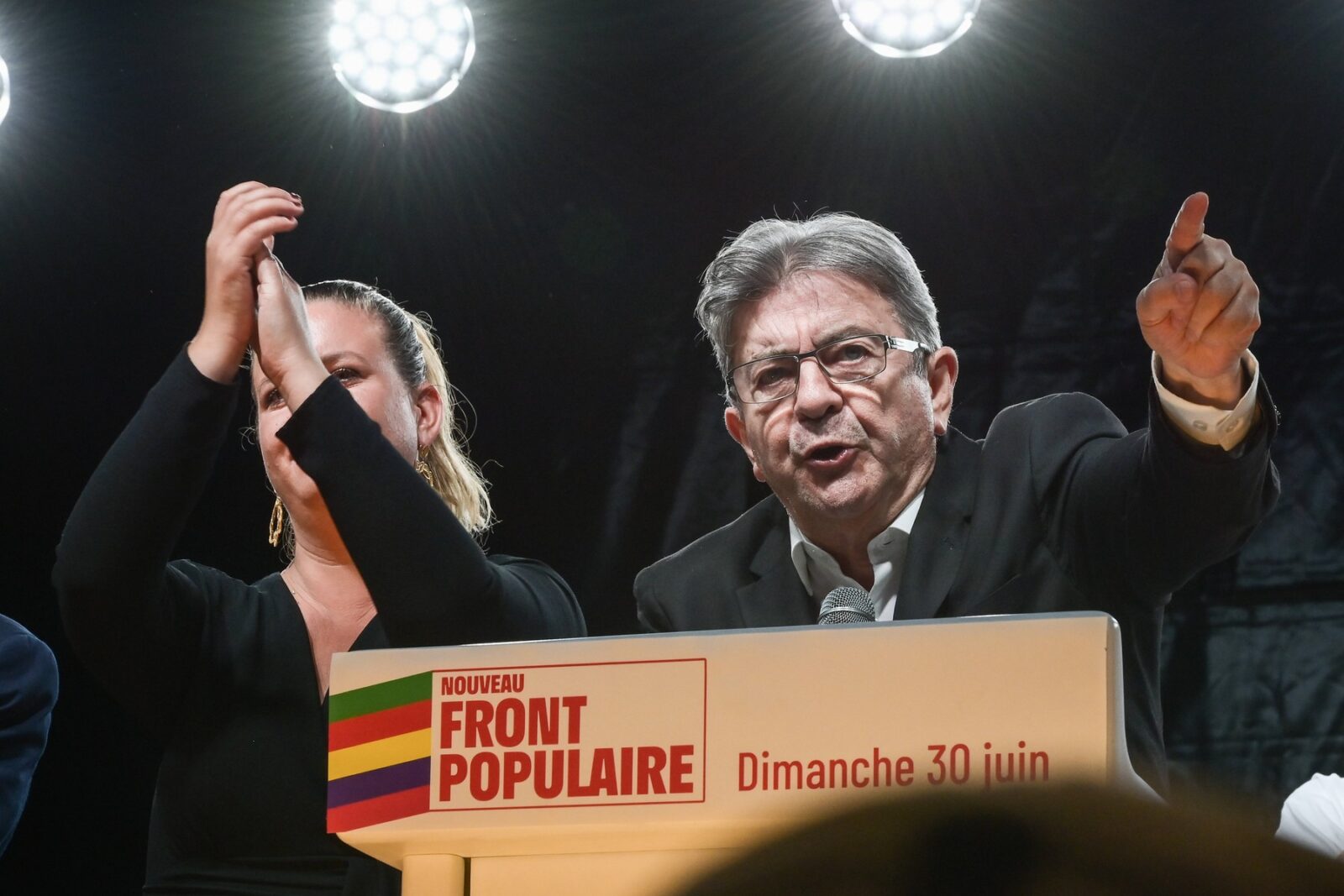 Jean Luc Melenchon LFI. Rassemblement avec les organisations du Nouveau Front Populaire : La France Insoumise, Les Ecologistes, le Parti Socialiste, le Parti Communiste Francais et des prises de paroles pour faire barrage au Rassemblement National, apres le resultat du 1er tour des elections legislatives, devant de nombreux militants des partis de Gauche Place de la Republique  a Paris le 30 Juin 2024. Paris, FRANCE - 01/07/2024                             Jean Luc Melenchon LFI. Rally with the organisations of the New Popular Front: La France Insoumise, Les Ecologistes, the Socialist Party, the French Communist Party and speeches to block the National Rally, after the result of the 1st round of the legislative elections, in front of many activists from the Left-wing parties at Place de la Republique in Paris on 30 June 2024. Paris, FRANCE - 01/07/2024//04HARSIN_RASSEMBLEMENTNFPLEGISLATIVE051/Credit:ISA HARSIN/SIPA/2407010354,Image: 886115064, License: Rights-managed, Restrictions: , Model Release: no, Credit line: ISA HARSIN / Sipa Press / Profimedia