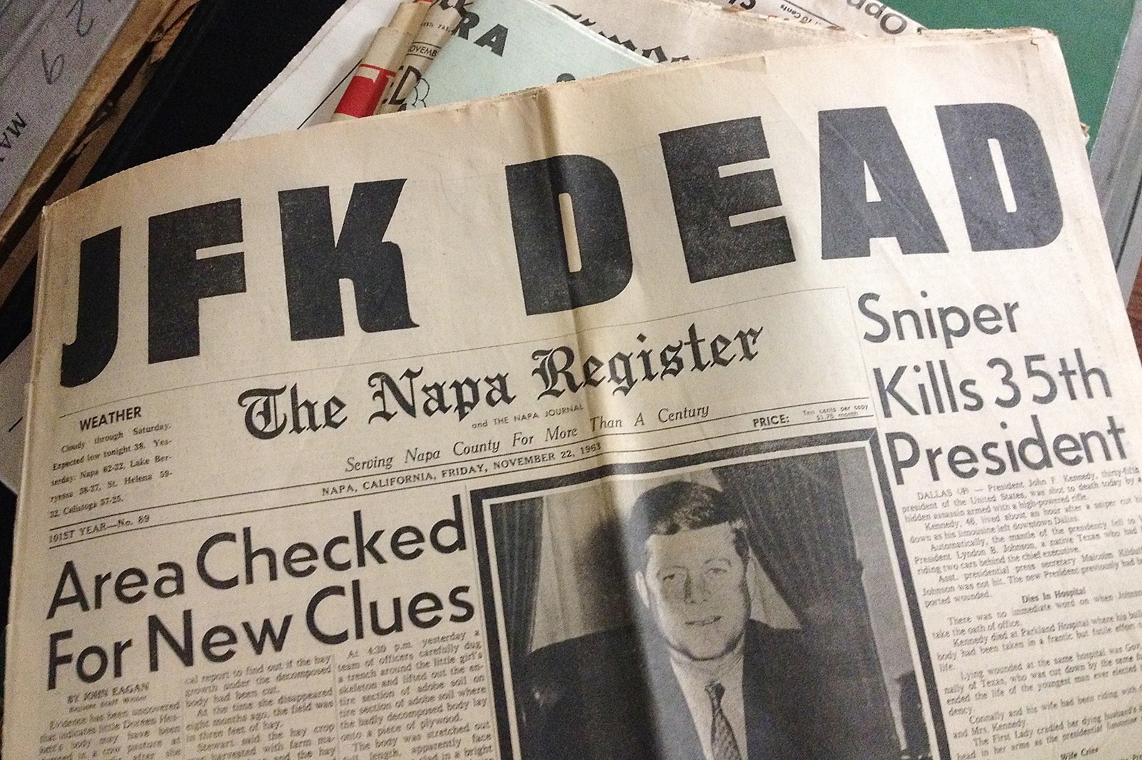 October 26, 2017 - FILE - The government is due to release Thursday more than 3,000 files about the assassination of former President John F. Kennedy. The files would be the last to be released by the National Archives under a 1992 law that ordered the government to make all remaining documents pertaining to the assassination public. There has long been a trove of conspiracy theories surrounding Kennedy's death in Dallas on Nov. 22, 1963, including doubts about whether assassin Lee Harvey Oswald acted alone, as the Warren Commission determined in its report the following year. Pictured: Nov. 27, 2013 - Napa, CA, U.S. - THURSDAY - NOVEMBER 21, 2013 - NAPA, CA -.The front page of the Napa Register from November 22, 1963, reporting on the death of President John F. Kennedy..J.L. Sousa/Register.,Image: 178868263, License: Rights-managed, Restrictions: , Model Release: no, Credit line: J.L. Sousa/Register / Zuma Press / Profimedia