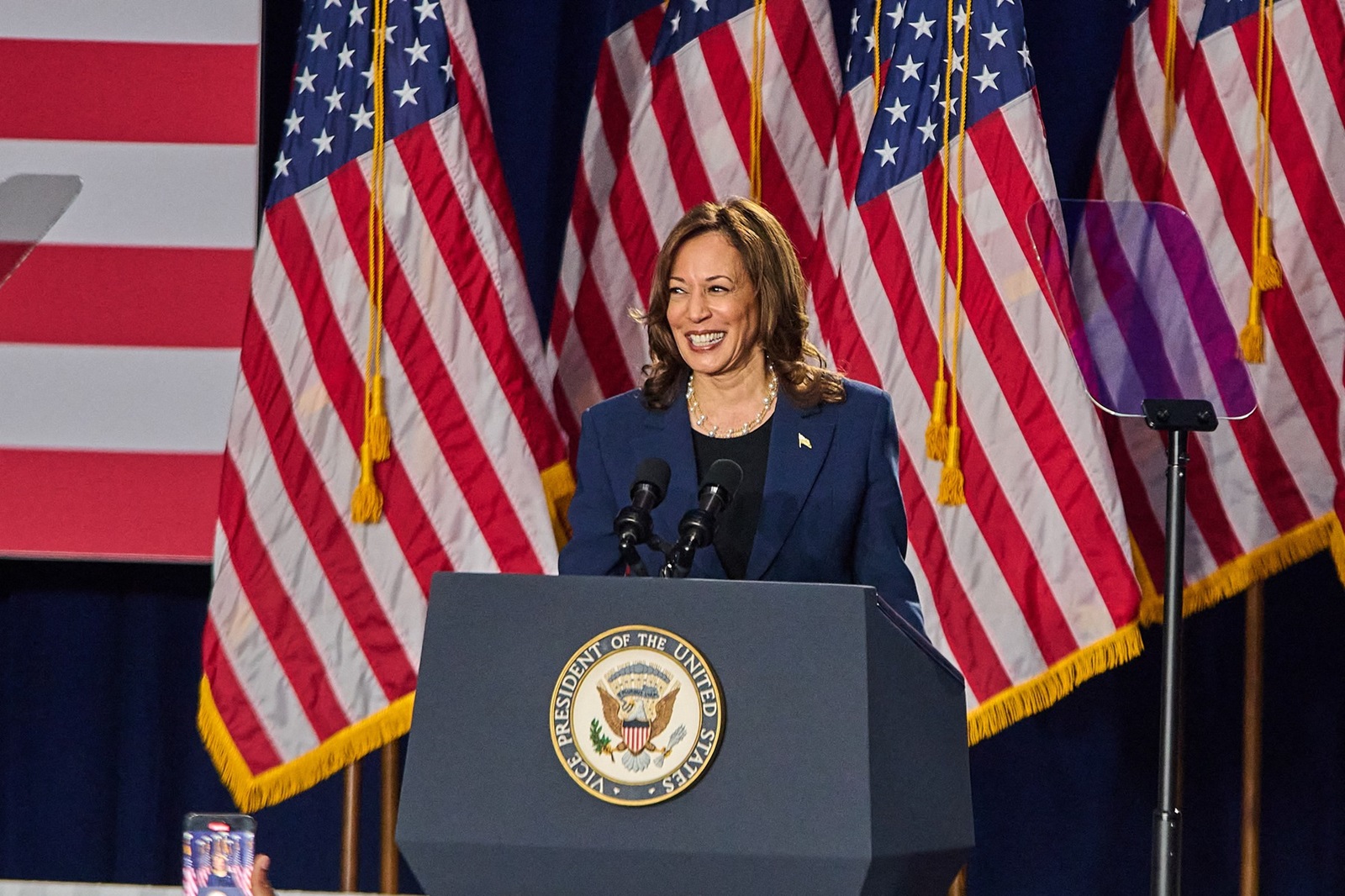 Vice President Kamala Harris, the presumptive Democratic nominee, holds a campaign event at West Allis Central High School during her first campaign rally in Milwaukee, WI, USA on July 23, 2024. Harris has given her first major campaign speech since securing enough support to become the Democratic Party's nominee for president. She used it to hit out at Republican candidate Donald Trump, who she says "wants to take our country backward", as well as outlining her key policy priorities, including tackling child poverty, protecting reproductive rights, and keeping people safe from "the terror of gun violence".,Image: 891823079, License: Rights-managed, Restrictions: , Model Release: no, Credit line: Middle East Images/ABACA / Abaca Press / Profimedia