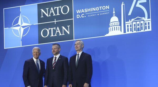 10 July 2024.

United States President Joe Biden, from left, Peter Pellegrini, President of the Slovak Republic, and Jens Stoltenberg, secretary general of the North Atlantic Treaty Organization (NATO), participate in a welcome handshake during the NATO Summit in Washington, DC, US, on Wednesday, July 10, 2024. President Joe Biden and NATO's 31 other leaders had hoped their summit would celebrate fresh unity against Russia's Vladimir Putin, send a warning to China and prove the alliance is as strong as ever in its 75th year, but the three days of pageantry will be overshadowed by domestic turmoil across the alliance.,Image: 888891194, License: Rights-managed, Restrictions: , Model Release: no, Credit line: GoffPhotos.com / Goff Photos / Profimedia