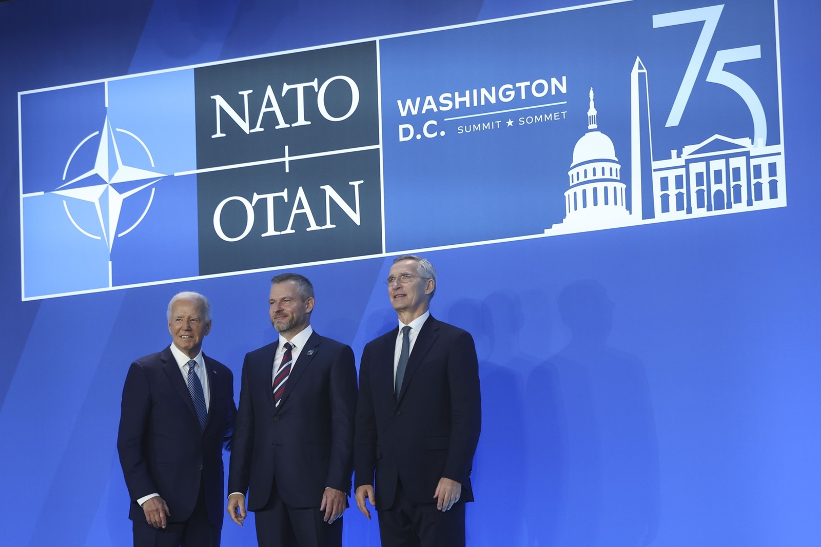 10 July 2024.

United States President Joe Biden, from left, Peter Pellegrini, President of the Slovak Republic, and Jens Stoltenberg, secretary general of the North Atlantic Treaty Organization (NATO), participate in a welcome handshake during the NATO Summit in Washington, DC, US, on Wednesday, July 10, 2024. President Joe Biden and NATO's 31 other leaders had hoped their summit would celebrate fresh unity against Russia's Vladimir Putin, send a warning to China and prove the alliance is as strong as ever in its 75th year, but the three days of pageantry will be overshadowed by domestic turmoil across the alliance.,Image: 888891194, License: Rights-managed, Restrictions: , Model Release: no, Credit line: GoffPhotos.com / Goff Photos / Profimedia