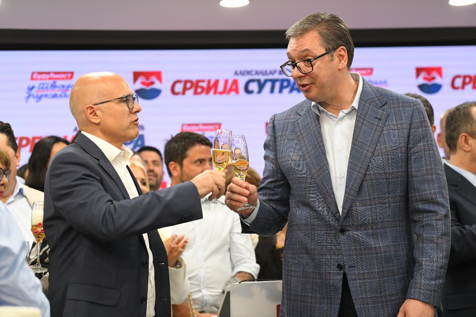 02, June, 2024, Belgrade - The President of the Republic of Serbia, Aleksandar Vucic, addressed the media at the headquarters of the Serbian Progressive Party. Milos Vucevic, Aleksandar Vucic. Photo: R.Z./ATAImages

02, jun, 2024, Beograd - U sedistu Srpske napredne stranke medijima se obratio  predsednika Republike Srbije Aleksandra Vucica. Photo: R.Z./ATAImages Photo: R.Z./ATAImages/PIXSELL