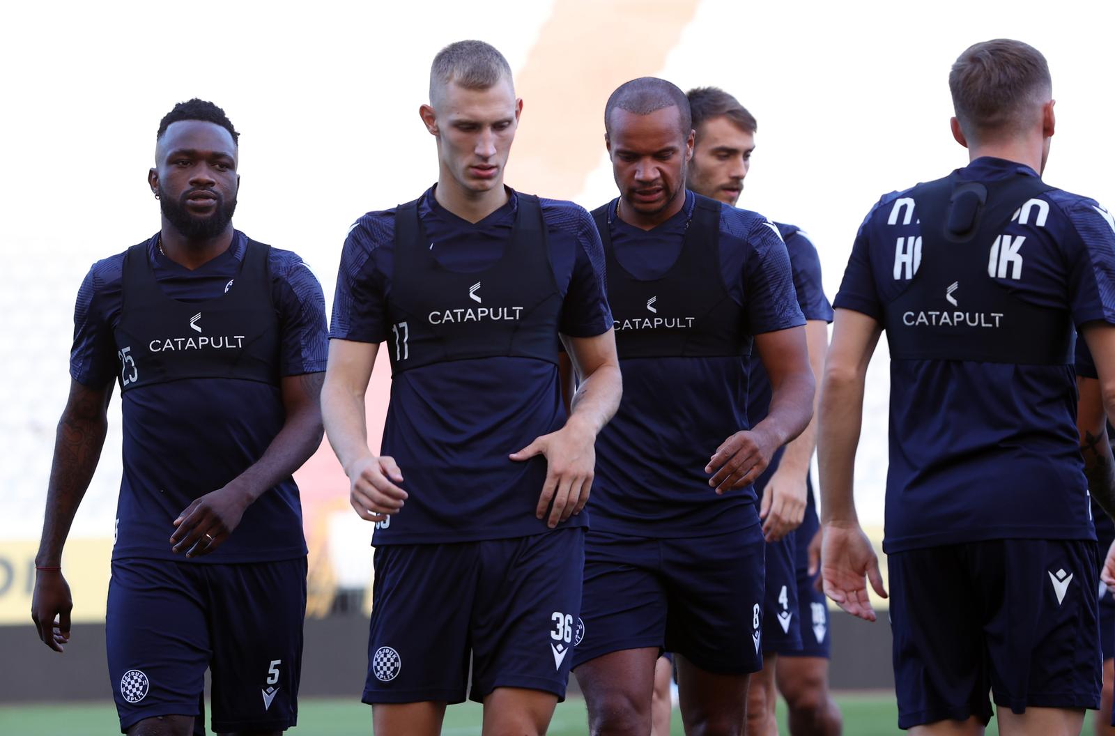 09.08.2023., Split - Trening nogometasa Hajduka na stadionu Poljud uoci prve utakmice 3. pretkola UEFA Konferencijske lige protiv PAOK-a. Ismael Diallo, Tino Blaz Laus, Vadis Odjidja-Ofoe Photo: Ivana Ivanovic/PIXSELL