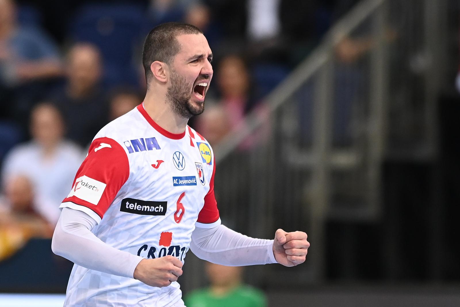 RIGHTS ONLY FOR: Croatia, Slovenia, Bosnia, Serbia, Montenegro 14 March 2024, Lower Saxony, Hanover: Handball: Olympic Qualification Men, Croatia - Austria, Qualification, Tournament 2, Matchday 1, ZAG-Arena. Croatia's Mario Sostaric gesticulates.  Photo: Swen Pfoertner  Photo: Swen Pförtner/PIXSELL