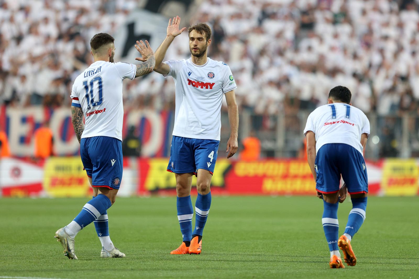 24.05.2023., stadion HNK Rijeka, Rijeka - Finalna utakmica SuperSport Hrvatskog nogometnog kupa, HNK Hajduk - HNK Sibenik. Nogometasi Hajduka slave pogodak Darija Melnjaka za 1:0. Marko Livaja, Ferro Photo: Nel Pavletic/PIXSELL