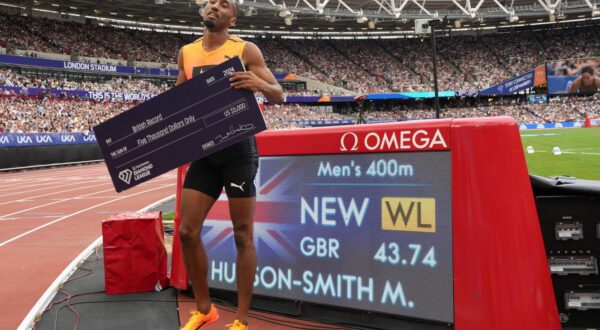 Jul 20, 2024; London, United Kingdom; Matthew Hudson-Smith (GBR) poses after winning the 400m in a meet and national record 43.74 during the London Athletics Meet at London Stadium. Mandatory Credit: Kirby Lee-USA TODAY Sports Photo: Kirby Lee/REUTERS