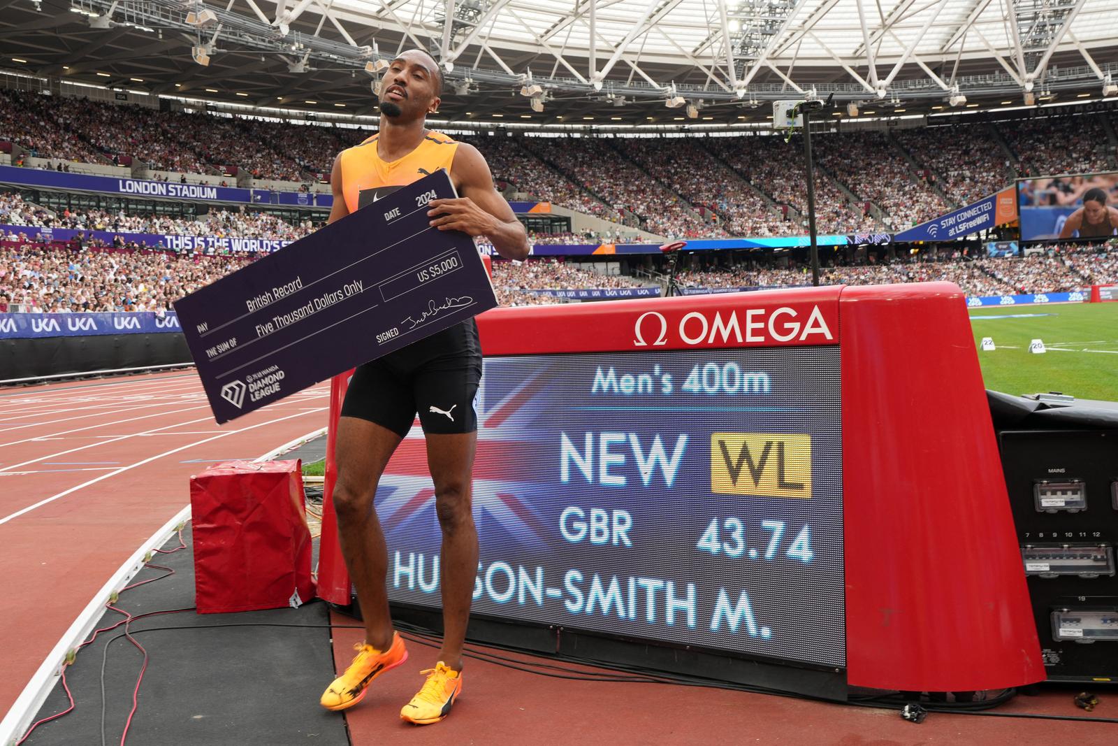 Jul 20, 2024; London, United Kingdom; Matthew Hudson-Smith (GBR) poses after winning the 400m in a meet and national record 43.74 during the London Athletics Meet at London Stadium. Mandatory Credit: Kirby Lee-USA TODAY Sports Photo: Kirby Lee/REUTERS