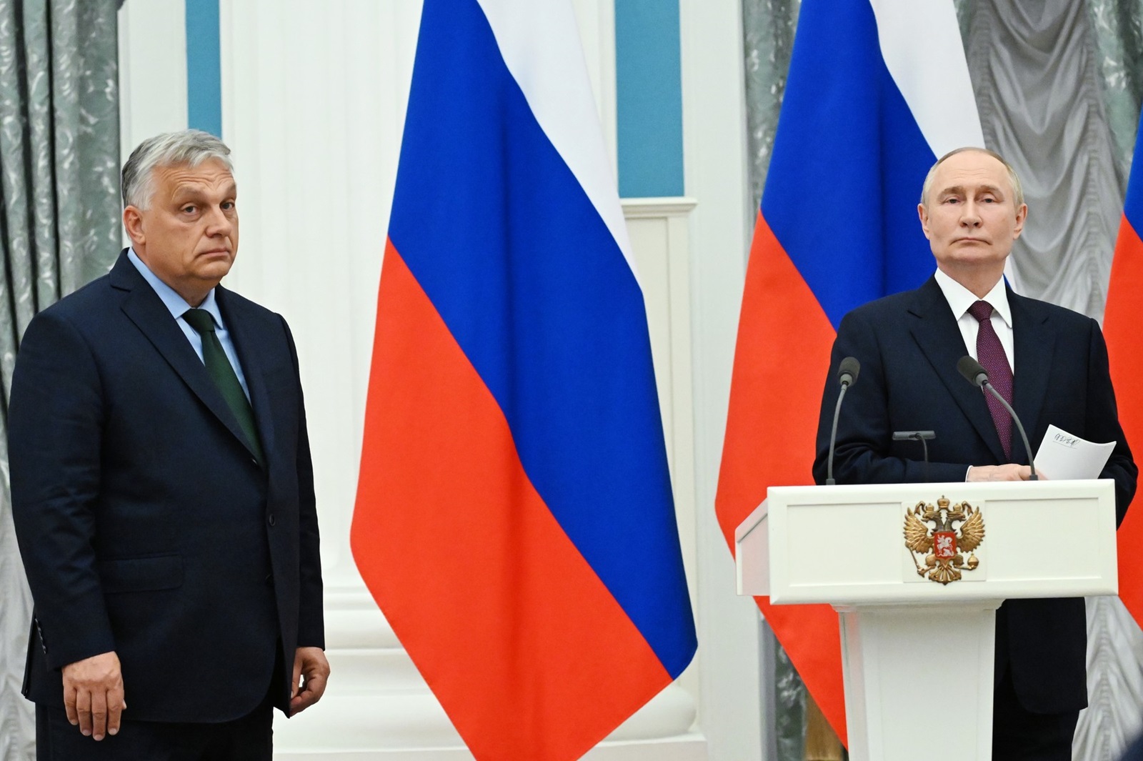 8723035 05.07.2024 Russian President Vladimir Putin and Hungarian Prime Minister Viktor Orban, left, attend a news conference following their meeting at the Kremlin, in Moscow, Russia.,Image: 887507147, License: Rights-managed, Restrictions: Editors' note: THIS IMAGE IS PROVIDED BY RUSSIAN STATE-OWNED AGENCY SPUTNIK., Model Release: no, Credit line: Alexey Maishev / Sputnik / Profimedia