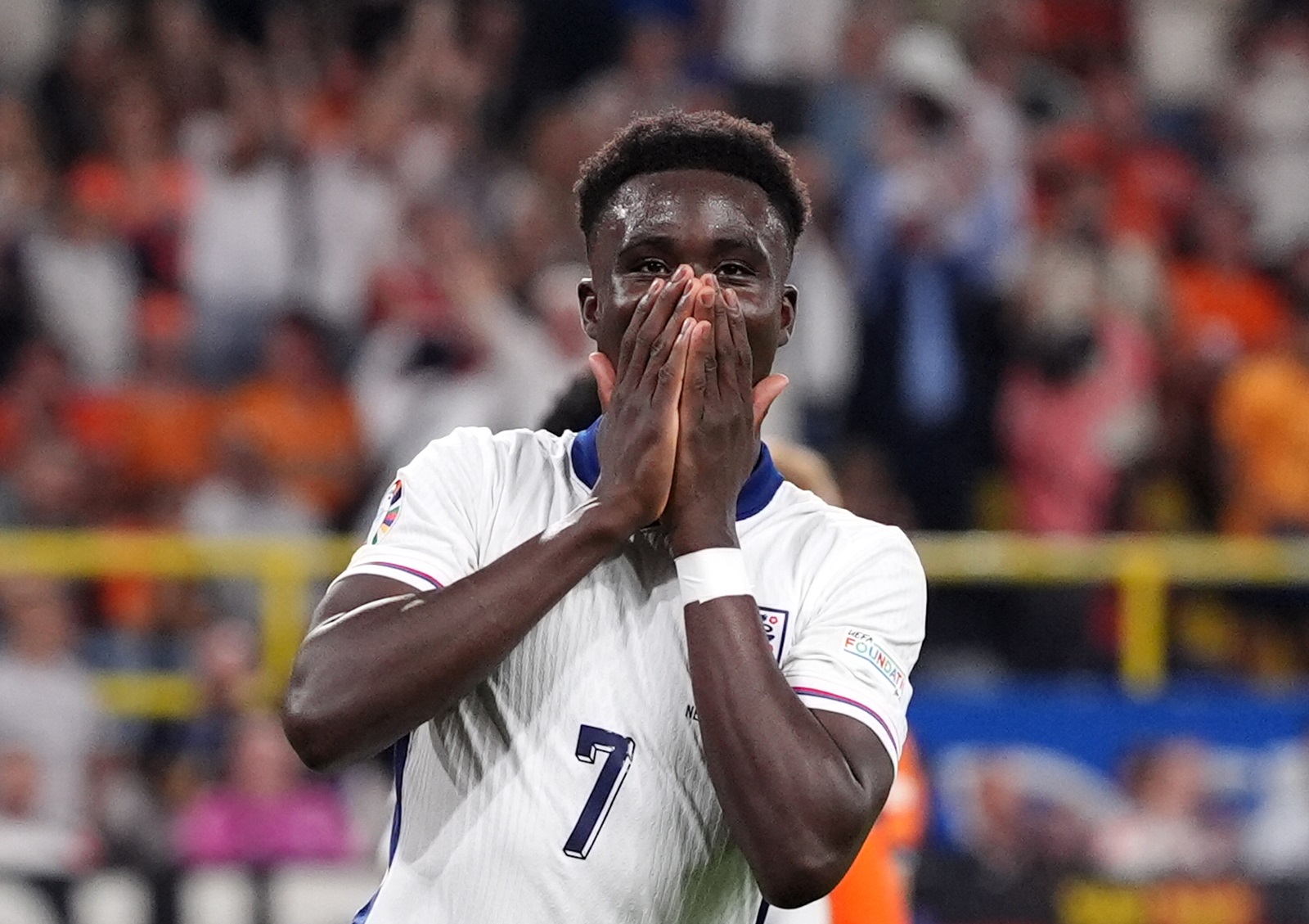 England's Bukayo Saka reacts as his goal is disallowed for being offside during the UEFA Euro 2024, semi-final match at the BVB Stadion Dortmund in Dortmund, Germany. Picture date: Wednesday July 10, 2024.,Image: 888870091, License: Rights-managed, Restrictions: Use subject to restrictions. Editorial use only, no commercial use without prior consent from rights holder., Model Release: no, Credit line: Bradley Collyer / PA Images / Profimedia