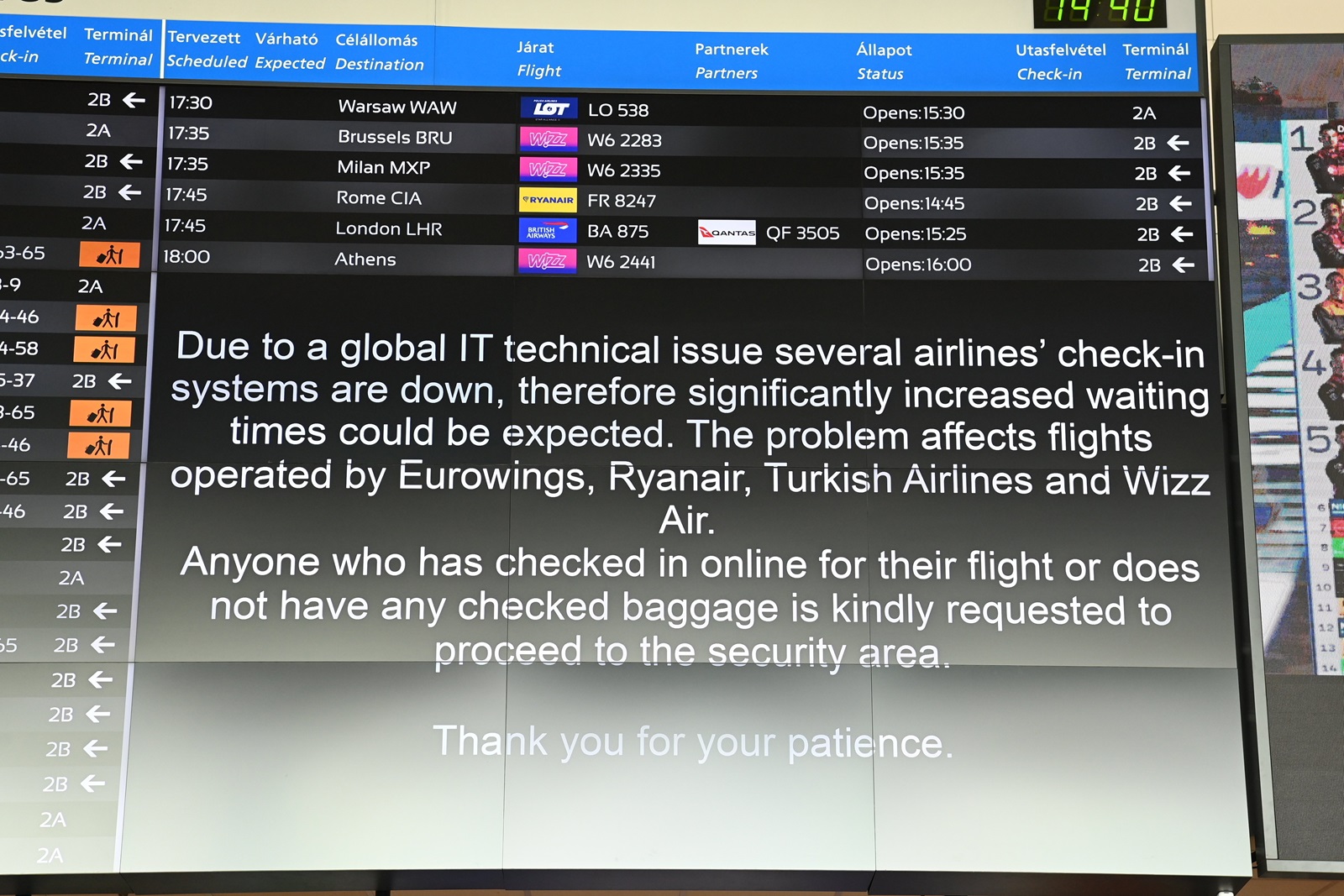 epa11487729 A message informs passengers in the departure hall at Liszt Ferenc International Airport in Budapest, Hungary, 19 July 2024, as companies and institutions around the world have been hit by a major global IT outage. At Budapest Airport, Eurowings, Ryanair, Turkish Airlines and Wizz Air flights have been affected due to disruptions to the passenger check-in system, causing flight delays and longer wait times. Several airlines have switched to manual passenger check-in at the airport. Companies and institutions around the world have been affected on 19 July by a major computer outage in systems running Microsoft Windows linked to a faulty CrowdStrike cyber-security software update. According to CrowdStrike’s CEO, the issue has been identified, isolated and a fix has been deployed.  EPA/ZOLTAN MATHE HUNGARY OUT