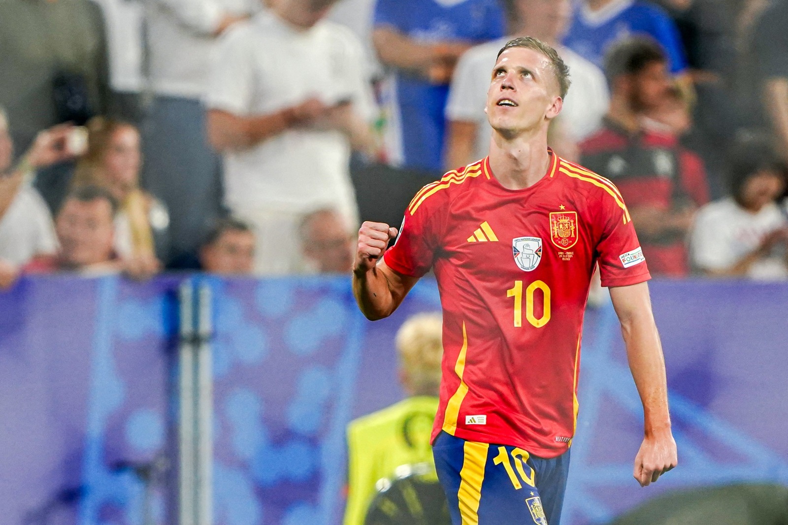 Dani Olmo of Spain celebrates his goal 2-1 during the UEFA Euro 2024, Semi-finals football match between Spain and France on 9 July 2024 at Allianz Arena in Munich, Germany - Photo Andre Weening / Orange Pictures / DPPI,Image: 888710264, License: Rights-managed, Restrictions: Hungary Out Netherlands and Belgium Out, Model Release: no, Credit line: Andre Weening / AFP / Profimedia