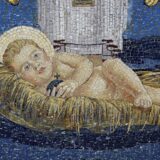 Baby Jesus lying in the manger, Christmas, wall mosaic at the Church of the Transfiguration, Mount Tabor, Galilee, Israel, Middle East,Image: 148107672, License: Rights-managed, Restrictions: , Model Release: no, Credit line: Dr. Wilfried  Bahnmüller / imageBROKER / Profimedia