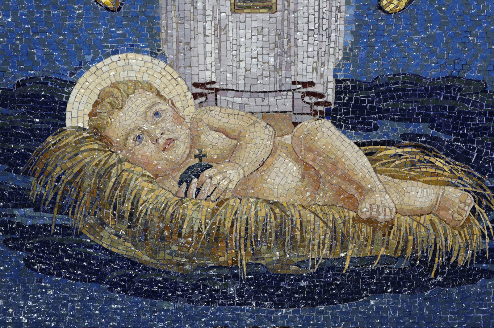 Baby Jesus lying in the manger, Christmas, wall mosaic at the Church of the Transfiguration, Mount Tabor, Galilee, Israel, Middle East,Image: 148107672, License: Rights-managed, Restrictions: , Model Release: no, Credit line: Dr. Wilfried  Bahnmüller / imageBROKER / Profimedia