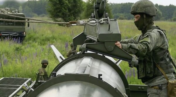 epa11407646 A still image taken from a handout video made available by the Russian Defence Ministry press-service shows Russian servicemen operating a non-strategic nuclear missile for Iskander operational-tactical missile system during the second stage of tactical nuclear drills of Russian and Belarus armed forces at an undisclosed location, 13 June 2024. In accordance with the decision of the President of the Russian Federation, the second stage of the exercise of non-strategic nuclear forces has begun. The exercises are aimed at maintaining the readiness of personnel and equipment of units for the combat use of non-strategic nuclear weapons of Russia and Belarus, the Russian Ministry of Defense said.  EPA/RUSSIAN DEFENCE MINISTRY PRESS S HANDOUT  HANDOUT EDITORIAL USE ONLY/NO SALES HANDOUT EDITORIAL USE ONLY/NO SALES