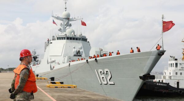 epa11480059 The Chinese guided-missile destroyer Nanning at a naval port in Zhanjiang, south China's Guangdong Province, 15 July 2024. Chinese and Russian fleets set sail from a naval port in Zhanjiang, south China's Guangdong Province, on 15 July for a three-day maritime exercise. As a key part of an ongoing China-Russia joint exercise, the drill will include subjects such as anchorage defense, joint reconnaissance and early warning, joint search and rescue, and joint air defense and missile defense, according to a military source. Live weapon firing will be conducted to test the results of previous discussions and exchanges during the planning phase, the source said. Zhang Xiaogang, spokesperson for the Ministry of National Defense, announced on Friday that Chinese and Russian armed forces started 'Exercise Joint Sea-2024' in the waters and airspace near Zhanjiang. The exercise is scheduled to last until around mid-July.  EPA/XINHUA / LIU FANG CHINA OUT / UK AND IRELAND OUT  /       MANDATORY CREDIT EDITORIAL USE ONLY EDITORIAL USE ONLY