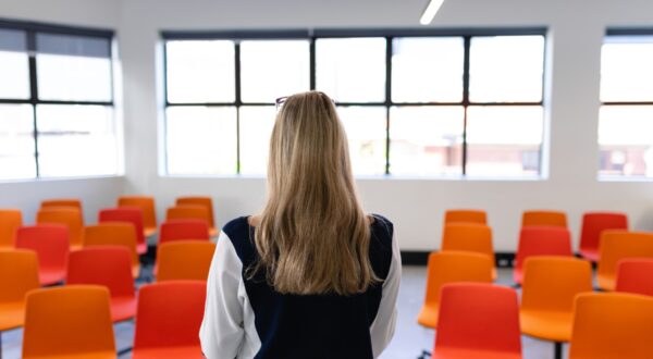 Rear view of a Caucasian woman with long blond hair, wearing smart clothes, standing in an empty modern meeting room, training her speech for conference.,Image: 532618463, License: Rights-managed, Restrictions: , Model Release: yes, Credit line: Wavebreak Media LTD / Wavebreak / Profimedia