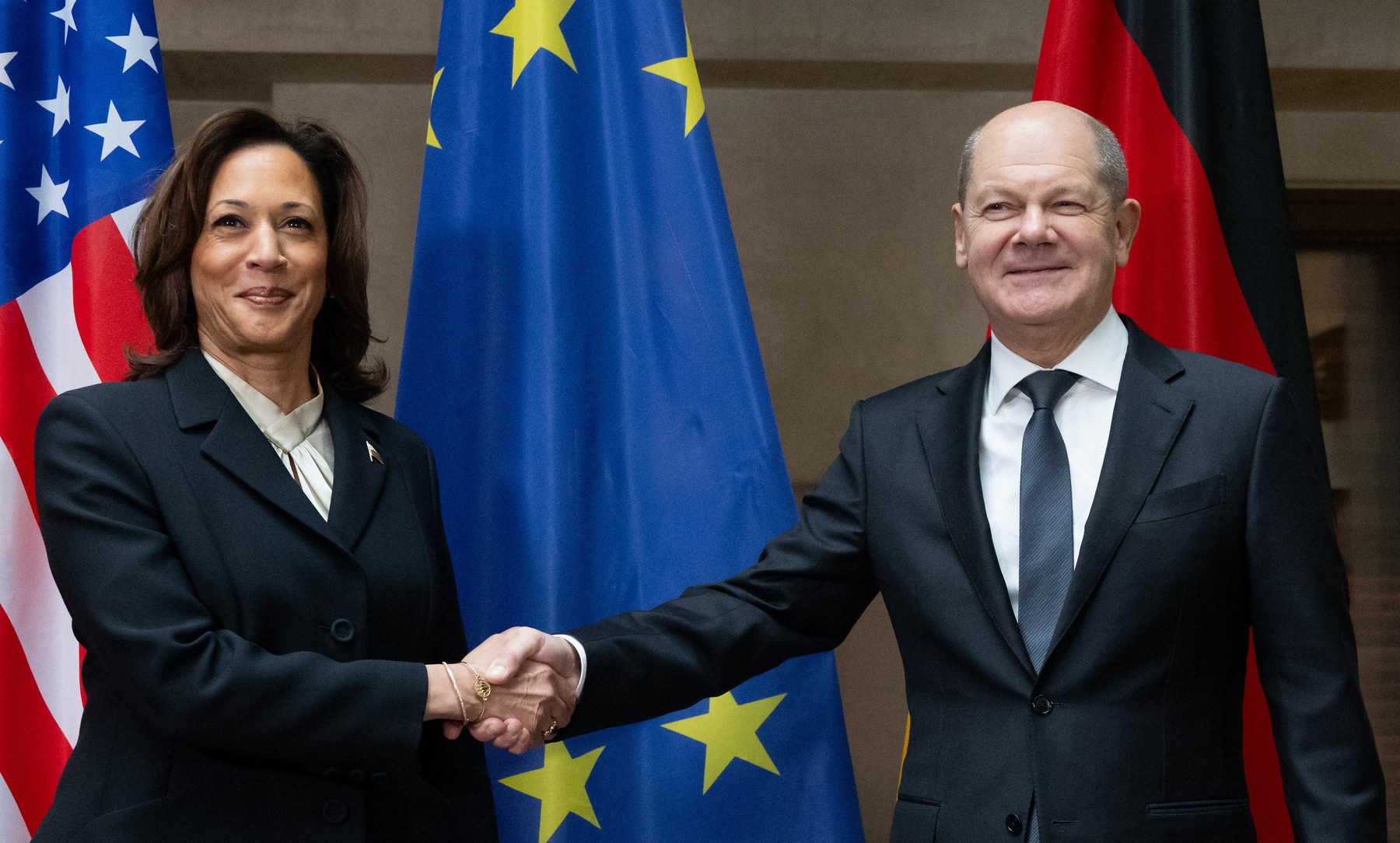 German Chancellor Olaf Scholz shakes hands with US Vice President Kamala Harris prior bilateral talks at the Munich Security Conference (MSC) in Munich, southern Germany on February 17, 2024.  The 60th Munich Security Conference (MSC) will run from February 16 to 18, 2024.,Image: 847568705, License: Rights-managed, Restrictions: , Model Release: no, Credit line: Sven Hoppe / AFP / Profimedia