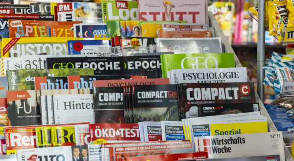 Magazine kiosk with Compact magazines. Compact is a far-right political monthly magazine in Germany. Stuttgart, Baden-Württemberg, Germany,Image: 856986888, License: Rights-managed, Restrictions: , Model Release: no, Credit line: Arnulf Hettrich / imageBROKER / Profimedia