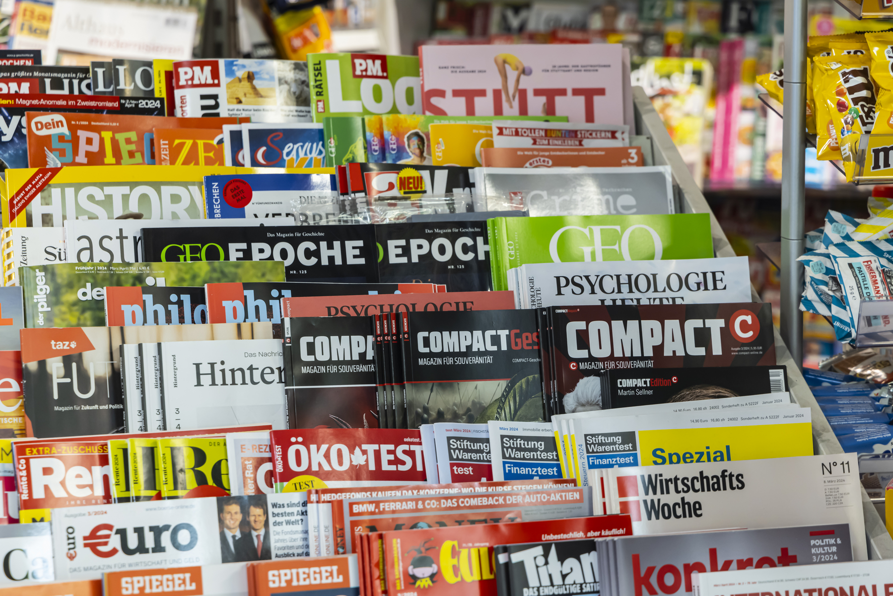 Magazine kiosk with Compact magazines. Compact is a far-right political monthly magazine in Germany. Stuttgart, Baden-Württemberg, Germany,Image: 856986888, License: Rights-managed, Restrictions: , Model Release: no, Credit line: Arnulf Hettrich / imageBROKER / Profimedia