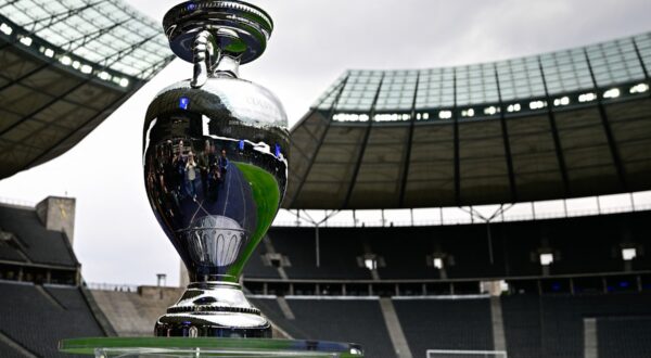 The trophy for the UEFA Euro 2024 European Football Championship is displayed at the Olympic Stadium in Berlin, Germany on April 24, 2024.
 The UEFA EURO 2024 European Football Championship will take place from June 14 to July 14 in ten stadiums around Germany including Berlin's Olympic Stadium.,Image: 867590834, License: Rights-managed, Restrictions: , Model Release: no, Credit line: Tobias SCHWARZ / AFP / Profimedia