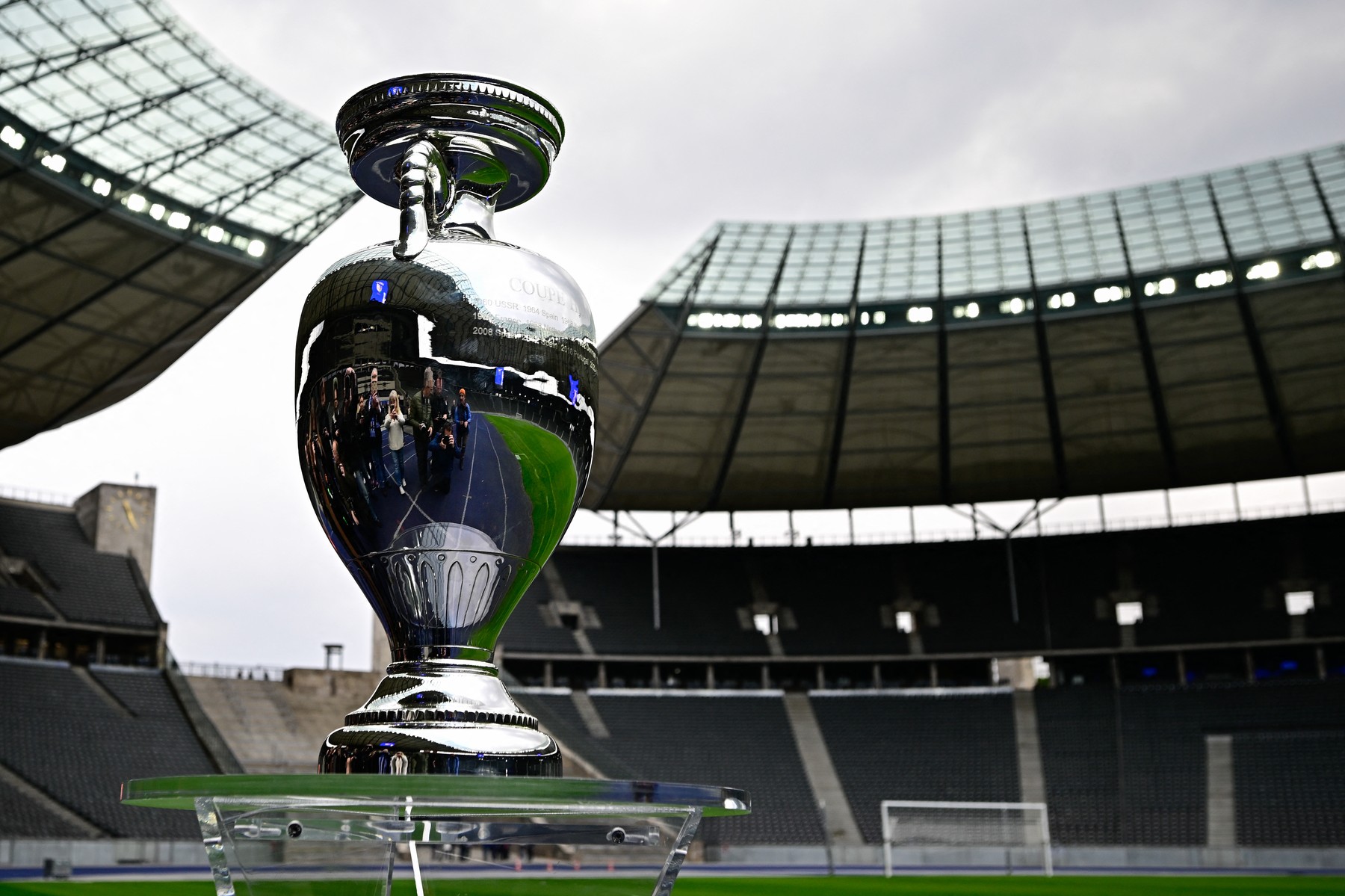 The trophy for the UEFA Euro 2024 European Football Championship is displayed at the Olympic Stadium in Berlin, Germany on April 24, 2024.
 The UEFA EURO 2024 European Football Championship will take place from June 14 to July 14 in ten stadiums around Germany including Berlin's Olympic Stadium.,Image: 867590834, License: Rights-managed, Restrictions: , Model Release: no, Credit line: Tobias SCHWARZ / AFP / Profimedia