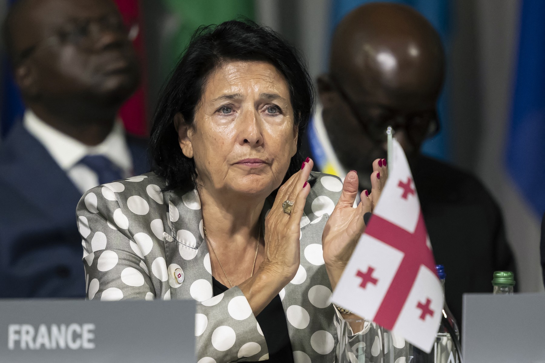 Georgia's President Salome Zourabichvili applauds during a plenary session at the Summit on peace in Ukraine, at the luxury Burgenstock resort, near Lucerne, on June 16, 2024. The two-day gathering brings together Ukrainian President and more than 50 other heads of state and government, to try to work out a way towards a peace process for Ukraine -- albeit without Russia.,Image: 882086524, License: Rights-managed, Restrictions: , Model Release: no, Credit line: ALESSANDRO DELLA VALLE / AFP / Profimedia