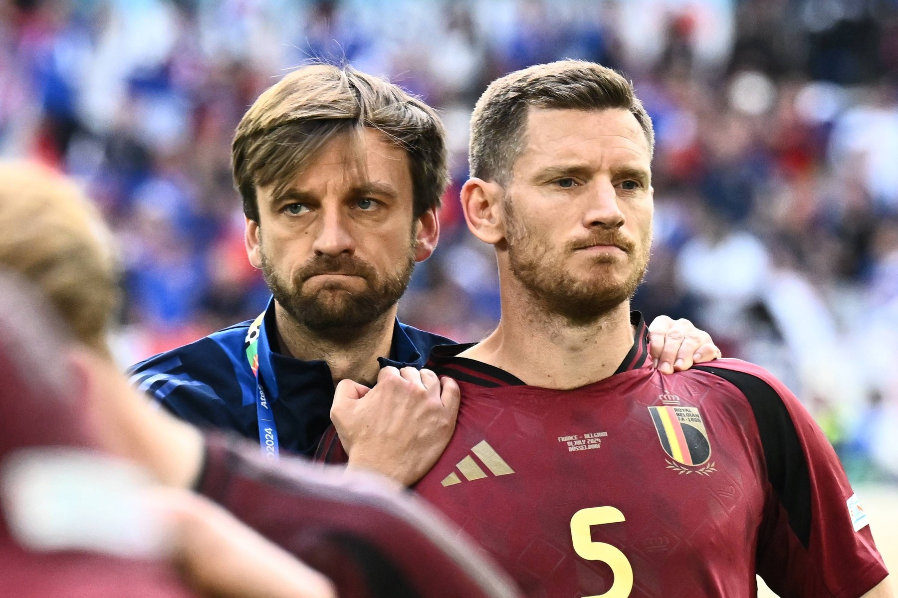 240701 EURO2024 FRANCE VS BELGIUM Jan Vertonghen 5 of Belgium looks dejected after a soccer game between the national teams of France, called les Bleus and Belgium, called the Red Devils in a round of 16 knock out game of the UEFA EURO, EM, Europameisterschaft,Fussball 2024 tournament , on Monday 1 July 2024 in Dusseldorf , Germany . photo isosport Maarten Straetemans Dusseldorf GERMANY Copyright: xx 471681,Image: 886355051, License: Rights-managed, Restrictions: PUBLICATIONxNOTxINxBELxUKxUSA, Credit images as "Profimedia/ IMAGO", Model Release: no, Credit line: IMAGO / imago sportfotodienst / Profimedia