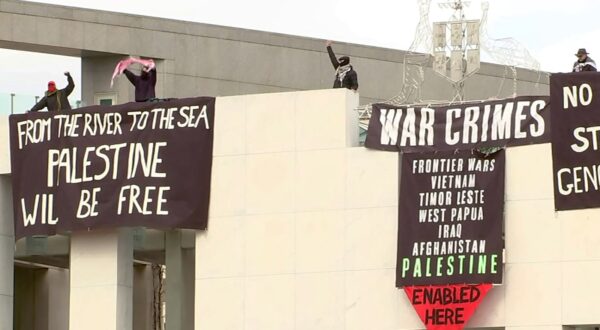This frame grab taken from video footage provided by Australian Broadcast Corporation (ABC) on July 4, 2024, via AFPTV shows protesters with banners above the main entrance to Parliament House in Canberra. Protesters scaled Australia's national parliament, unfurling banners and chanting slogans, following recent divisions within Prime Minister Anthony Albanese's Labor government, which suspended a Muslim Senator who crossed the floor to vote in favour of Australia recognising a Palestinian state.,Image: 887065593, License: Rights-managed, Restrictions: - Australia OUT / ----EDITOR'S NOTE — RESTRICTED TO EDITORIAL USE - MANDATORY CREDIT "AFP PHOTO / Australian Broadcast Corporation (ABC)" - NO MARKETING - NO ADVERTISING CAMPAIGNS - NO ACCESS AUSTRALIAN BROADCASTERS - DISTRIBUTED AS A SERVICE TO CLIENTS, ***
HANDOUT image or SOCIAL MEDIA IMAGE or FILMSTILL for EDITORIAL USE ONLY! * Please note: Fees charged by Profimedia are for the Profimedia's services only, and do not, nor are they intended to, convey to the user any ownership of Copyright or License in the material. Profimedia does not claim any ownership including but not limited to Copyright or License in the attached material. By publishing this material you (the user) expressly agree to indemnify and to hold Profimedia and its directors, shareholders and employees harmless from any loss, claims, damages, demands, expenses (including legal fees), or any causes of action or allegation against Profimedia arising out of or connected in any way with publication of the material. Profimedia does not claim any copyright or license in the attached materials. Any downloading fees charged by Profimedia are for Profimedia's services only. * Handling Fee Only 
***, Model Release: no, Credit line: AFP / AFP / Profimedia
