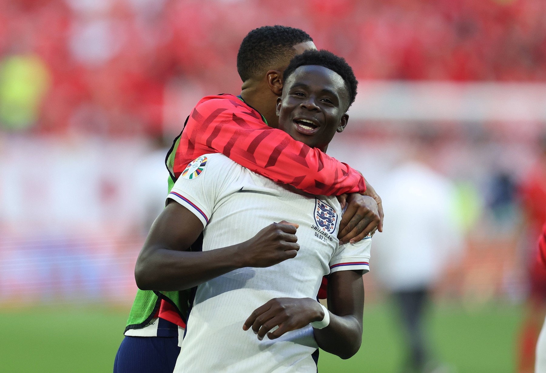 Dusseldorf, Germany, 6th July 2024. Bukayo Saka of England celebrates after the UEFA European Championships Quarter Final match at Dusseldorf Arena, Dusseldorf. Picture credit should read: / Sportimage EDITORIAL USE ONLY. No use with unauthorised audio, video, data, fixture lists, club/league logos or live services. Online in-match use limited to 120 images, no video emulation. No use in betting, games or single club/league/player publications. SPI-3218-0120,Image: 887910437, License: Rights-managed, Restrictions: Credit images as "Profimedia/ IMAGO", Model Release: no, Credit line: Paul Terry / imago sportfotodienst / Profimedia