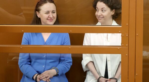 RUSSIA, MOSCOW - JULY 8, 2024: Playwright Svetlana Petriychuk (L) and stage director Yevgenia Berkovich charged with condoning terrorism receive their sentences from the 2nd Western Military District Court. Valery Sharifulin/TASS