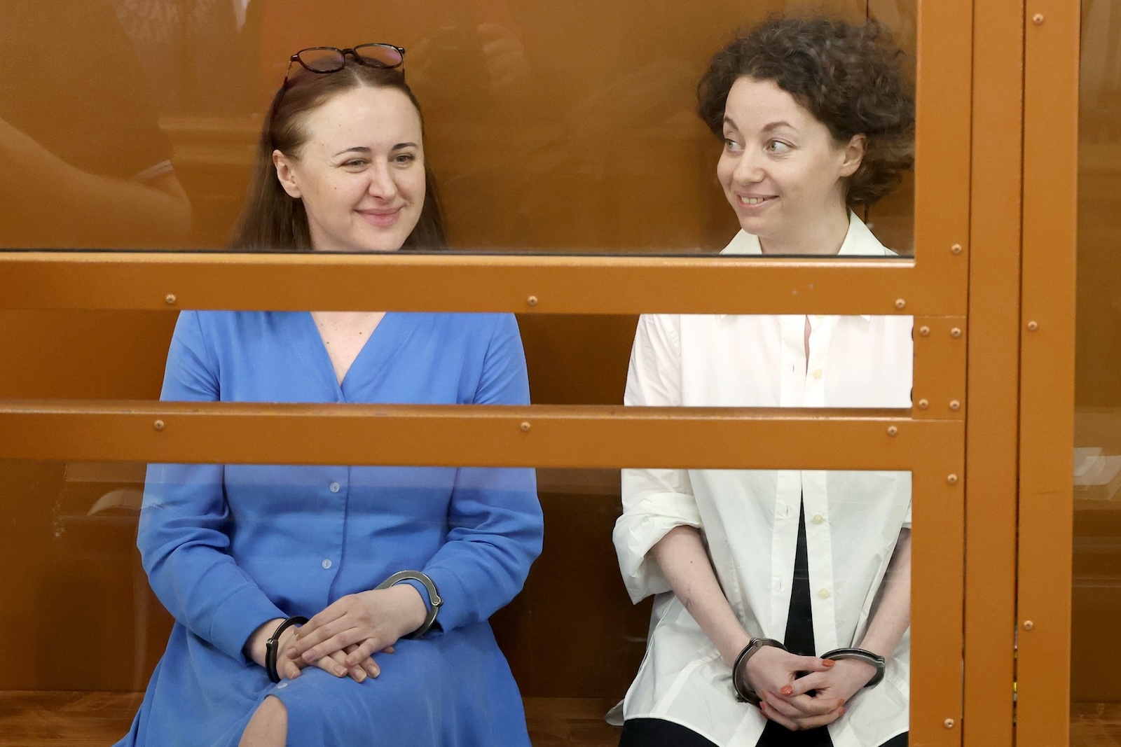 RUSSIA, MOSCOW - JULY 8, 2024: Playwright Svetlana Petriychuk (L) and stage director Yevgenia Berkovich charged with condoning terrorism receive their sentences from the 2nd Western Military District Court. Valery Sharifulin/TASS