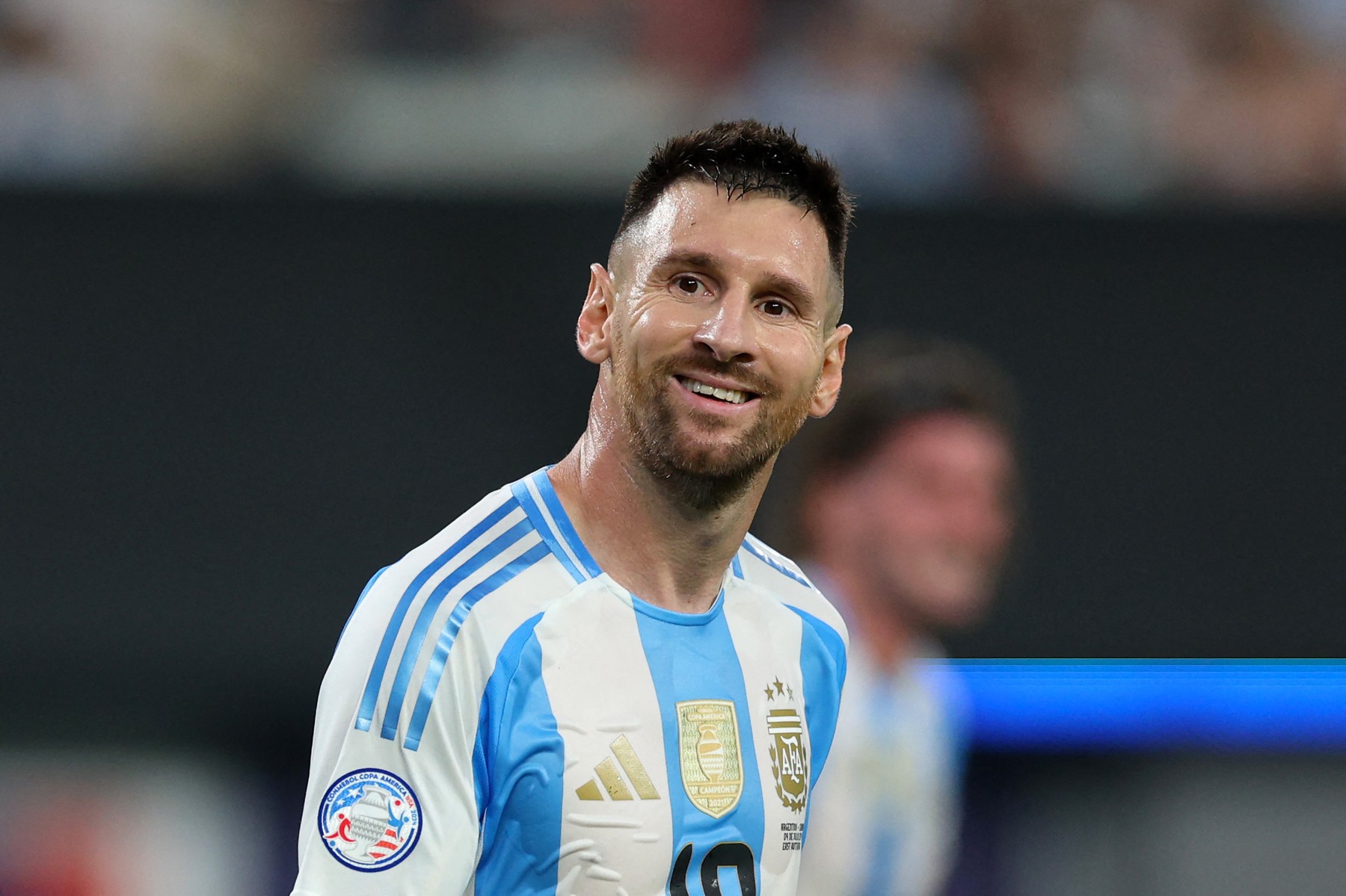 EAST RUTHERFORD, NEW JERSEY - JULY 09: Lionel Messi of Argentina smiles during the CONMEBOL Copa America 2024 semifinal match between Canada and Argentina at MetLife Stadium on July 09, 2024 in East Rutherford, New Jersey.   Elsa,Image: 888689576, License: Rights-managed, Restrictions: , Model Release: no, Credit line: ELSA / Getty images / Profimedia