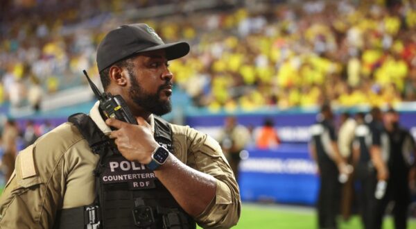 MIAMI GARDENS, FLORIDA - JULY 14: Police stands guard at the pitch prior to the CONMEBOL Copa America 2024 Final match between Argentina and Colombia at Hard Rock Stadium on July 14, 2024 in Miami Gardens, Florida.   Maddie Meyer,Image: 889759769, License: Rights-managed, Restrictions: , Model Release: no, Credit line: Maddie Meyer / Getty images / Profimedia