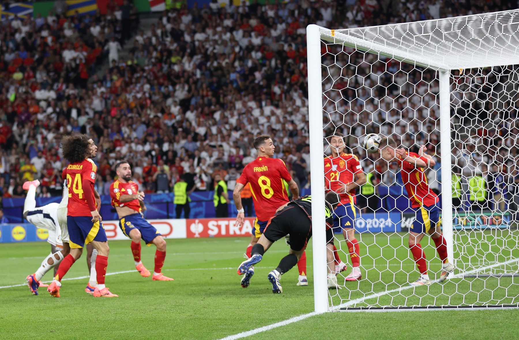 BERLIN, July 15, 2024  -- Dani Olmo (1st R) of Spain makes a save during the UEFA Euro 2024 final match between England and Spain in Berlin, Germany, July 14, 2024.,Image: 889782629, License: Rights-managed, Restrictions: , Model Release: no, Credit line: Zhang Fan / Xinhua News / Profimedia