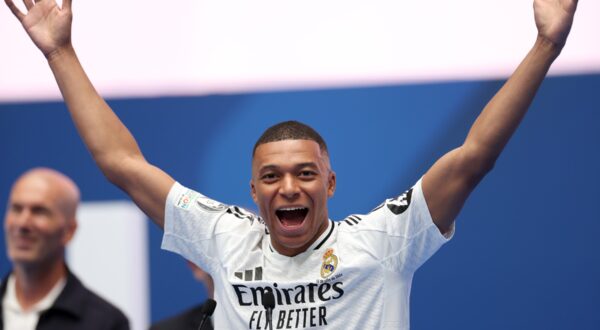 New Real Madrid player Kylian Mbappe during a presentation at the Santiago Bernabeu Stadium in Madrid, Spain. Picture date: Tuesday July 16, 2024.,Image: 890013006, License: Rights-managed, Restrictions: Use subject to restrictions. Editorial use only, no commercial use without prior consent from rights holder., Model Release: no, Credit line: Isabel Infantes / PA Images / Profimedia