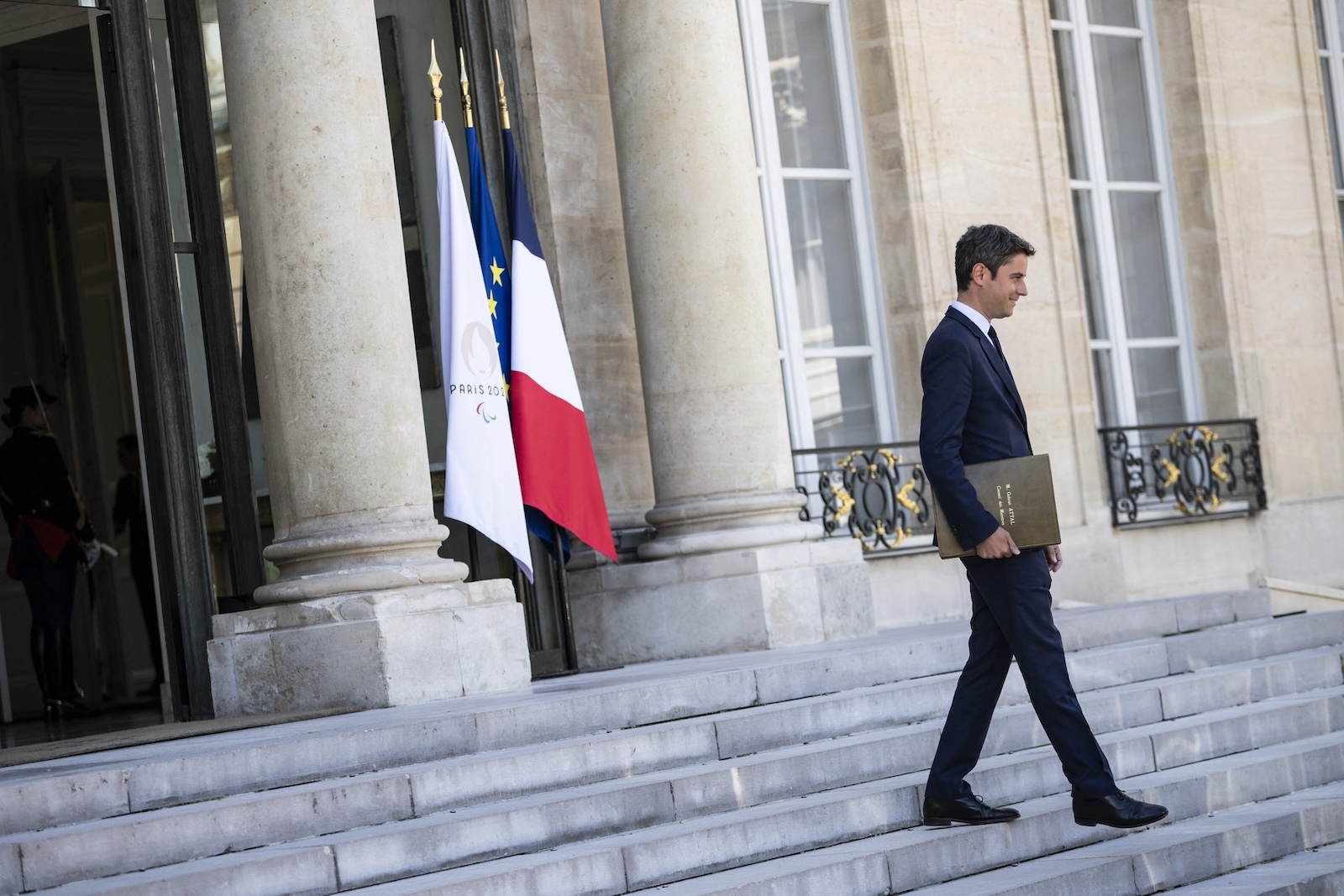 French Prime Minister Gabriel Attal leaves Elysee Palace after the weekly cabinet meeting in Paris on July 16, 2024. Photo by Eliot Blondet/ABACAPRESS.COM