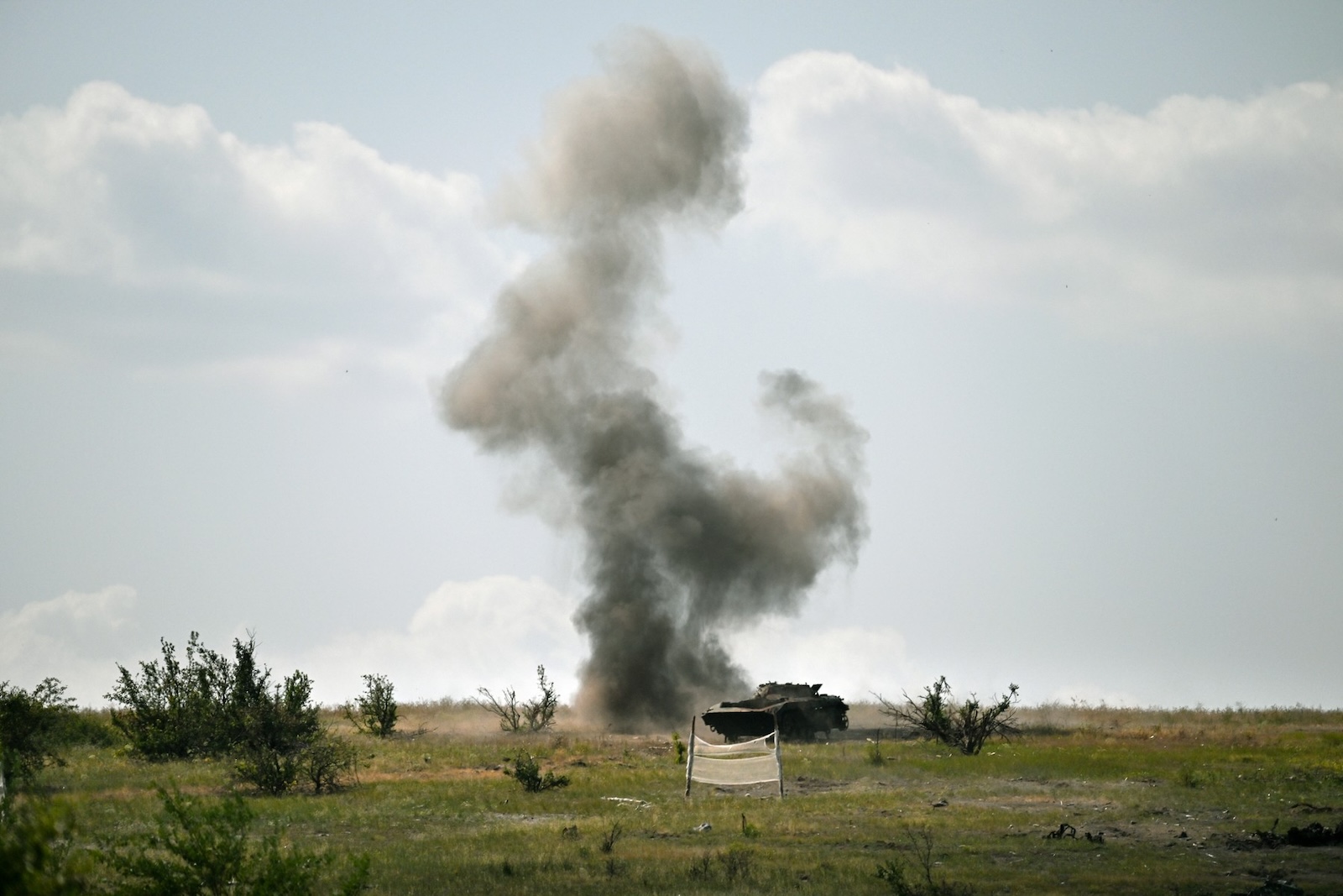 8731395 18.07.2024 An explosion is seen during an FPV drone training of Russian servicemen of the Zapad (West) Group of Forces in the Kupyansk sector of the frontline amid Russia's military operation in Ukraine, Russia.,Image: 890697454, License: Rights-managed, Restrictions: Editors' note: THIS IMAGE IS PROVIDED BY RUSSIAN STATE-OWNED AGENCY SPUTNIK., Model Release: no, Credit line: Stanislav Krasilnikov / Sputnik / Profimedia