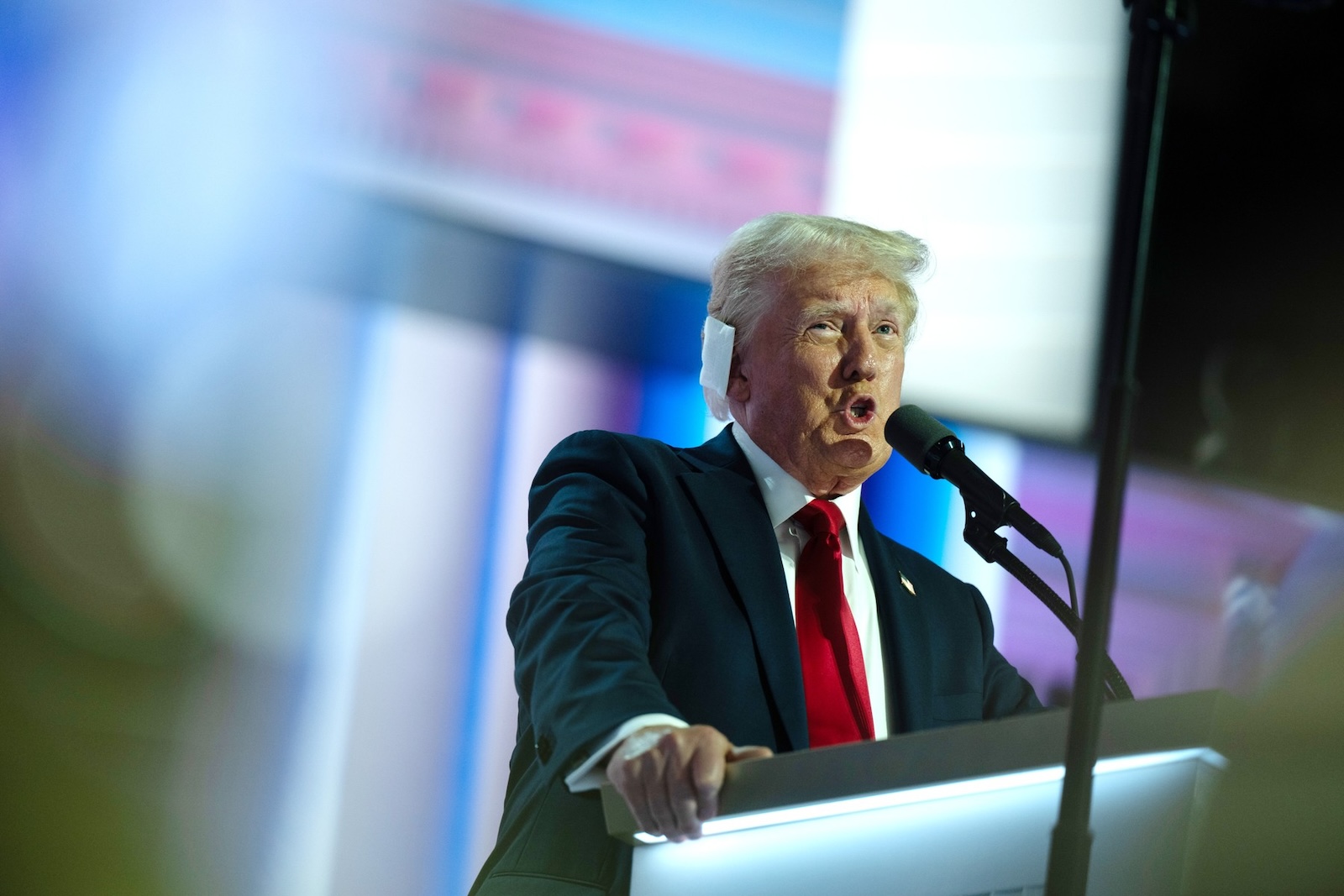 Former US President Donald J Trump speaks at the Republican National Convention in Milwaukee, Wisconsin at the Fiserv Forum on Thursday, July 18, 2024. Monday night was Trump’s first appearance since a rally in Pennsylvania, where he sustained injuries from an alleged bullet grazing his ear. Trump recounted the story in his speech, and also talked about Biden, immigration, and other topics. 
Credit: Annabelle Gordon / CNP /MediaPunch