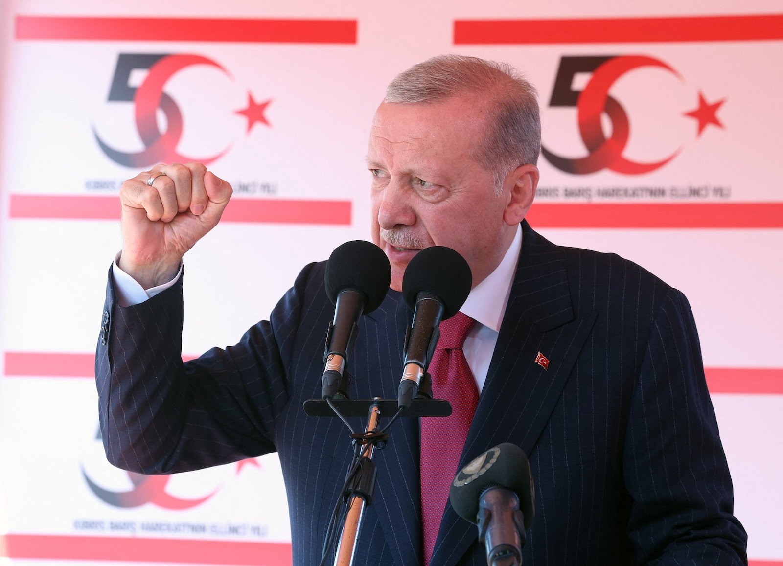 NICOSIA, TURKISH REPUBLIC OF NORTHERN CYPRUS - JULY 20: (----EDITORIAL USE ONLY - MANDATORY CREDIT - 'TURKISH PRESIDENCY / MUSTAFA KAMACI / HANDOUT' - NO MARKETING NO ADVERTISING CAMPAIGNS - DISTRIBUTED AS A SERVICE TO CLIENTS----) Turkish President Recep Tayyip Erdogan speaks during the 50th anniversary celebration program of the Cyprus Peace Operation in the Turkish Republic of Northern Cyprus (TRNC) on July 20, 2024, in Nicosia, Turkish Republic of Northern Cyprus. TUR Presidency/Mustafa Kamaci / Anadolu,Image: 891024711, License: Rights-managed, Restrictions: ***
HANDOUT image or SOCIAL MEDIA IMAGE or FILMSTILL for EDITORIAL USE ONLY! * Please note: Fees charged by Profimedia are for the Profimedia's services only, and do not, nor are they intended to, convey to the user any ownership of Copyright or License in the material. Profimedia does not claim any ownership including but not limited to Copyright or License in the attached material. By publishing this material you (the user) expressly agree to indemnify and to hold Profimedia and its directors, shareholders and employees harmless from any loss, claims, damages, demands, expenses (including legal fees), or any causes of action or allegation against Profimedia arising out of or connected in any way with publication of the material. Profimedia does not claim any copyright or license in the attached materials. Any downloading fees charged by Profimedia are for Profimedia's services only. * Handling Fee Only 
***, Model Release: no, Credit line: TUR Presidency/Mustafa Kamaci / AFP / Profimedia