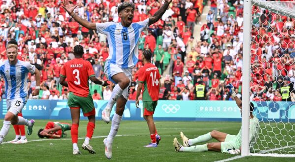 Cristian Medina (8) of Argentina celebrates a goal which was then cancelled by VAR during the Football, Men's Group B, between Argentina and Morocco during the Olympic Games Paris 2024 on 24 July 2024 at Geoffroy-Guichard Stadium in Saint-Etienne, France - Photo Frederic Chambert / Panoramic / DPPI Media,Image: 892015322, License: Rights-managed, Restrictions: Hungary Out, Model Release: no, Credit line: Frederic Chambert - Panoramic / AFP / Profimedia