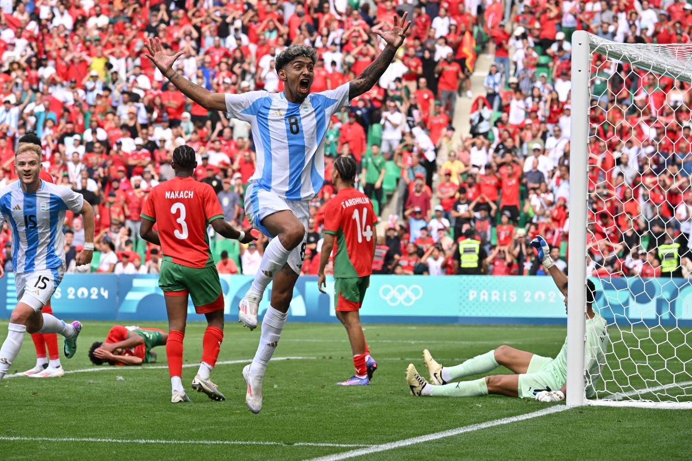 Cristian Medina (8) of Argentina celebrates a goal which was then cancelled by VAR during the Football, Men's Group B, between Argentina and Morocco during the Olympic Games Paris 2024 on 24 July 2024 at Geoffroy-Guichard Stadium in Saint-Etienne, France - Photo Frederic Chambert / Panoramic / DPPI Media,Image: 892015322, License: Rights-managed, Restrictions: Hungary Out, Model Release: no, Credit line: Frederic Chambert - Panoramic / AFP / Profimedia