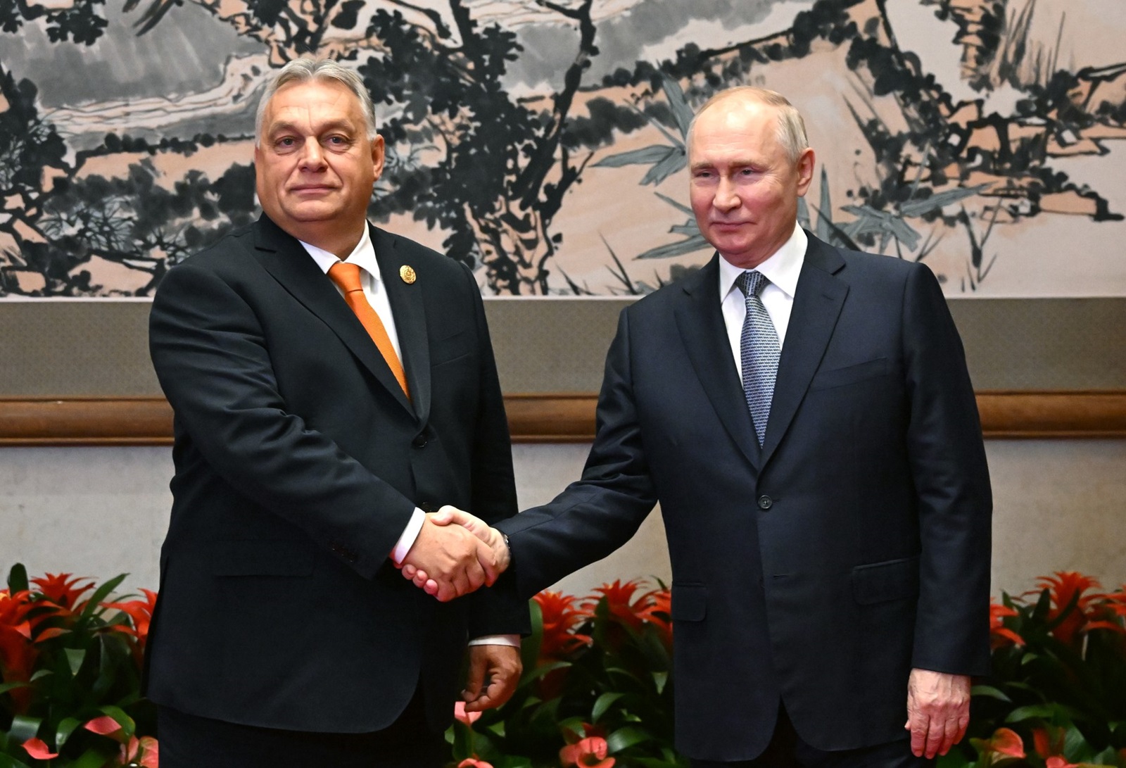 8537557 17.10.2023 Hungarian Prime Minister Viktor Orban and Russian President Vladimir Putin shake hands before their meeting as part of the 3rd Belt and Road Forum at the Diaoyutai State Guest House in Beijing, China.,Image: 814362447, License: Rights-managed, Restrictions: Editors' note: THIS IMAGE IS PROVIDED BY RUSSIAN STATE-OWNED AGENCY SPUTNIK., Model Release: no, Credit line: Grigory Sysoev / Sputnik / Profimedia
