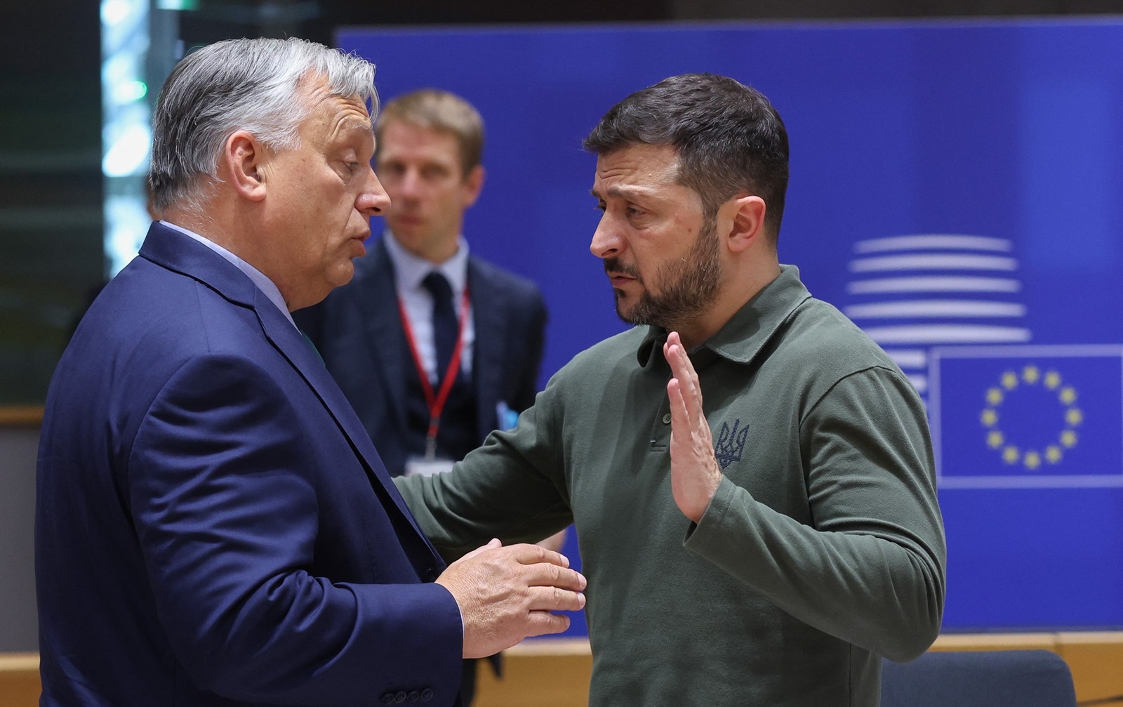 (FILES) Hungarian Prime Minister Viktor Orban (L) talks with Ukraine's President Zelensky during the European Council Summit at the EU headquarters in Brussels on June 27, 2024. After months of treating the European Union with all the evils, Hungarian Prime Minister Viktor Orban takes the rotating presidency on Monday, July 1, 2024, more isolated than ever by his position on the war in Ukraine.,Image: 885634797, License: Rights-managed, Restrictions: TO GO WITH AFP STORY BY ANNE BEADE, Model Release: no, Credit line: Olivier HOSLET / AFP / Profimedia