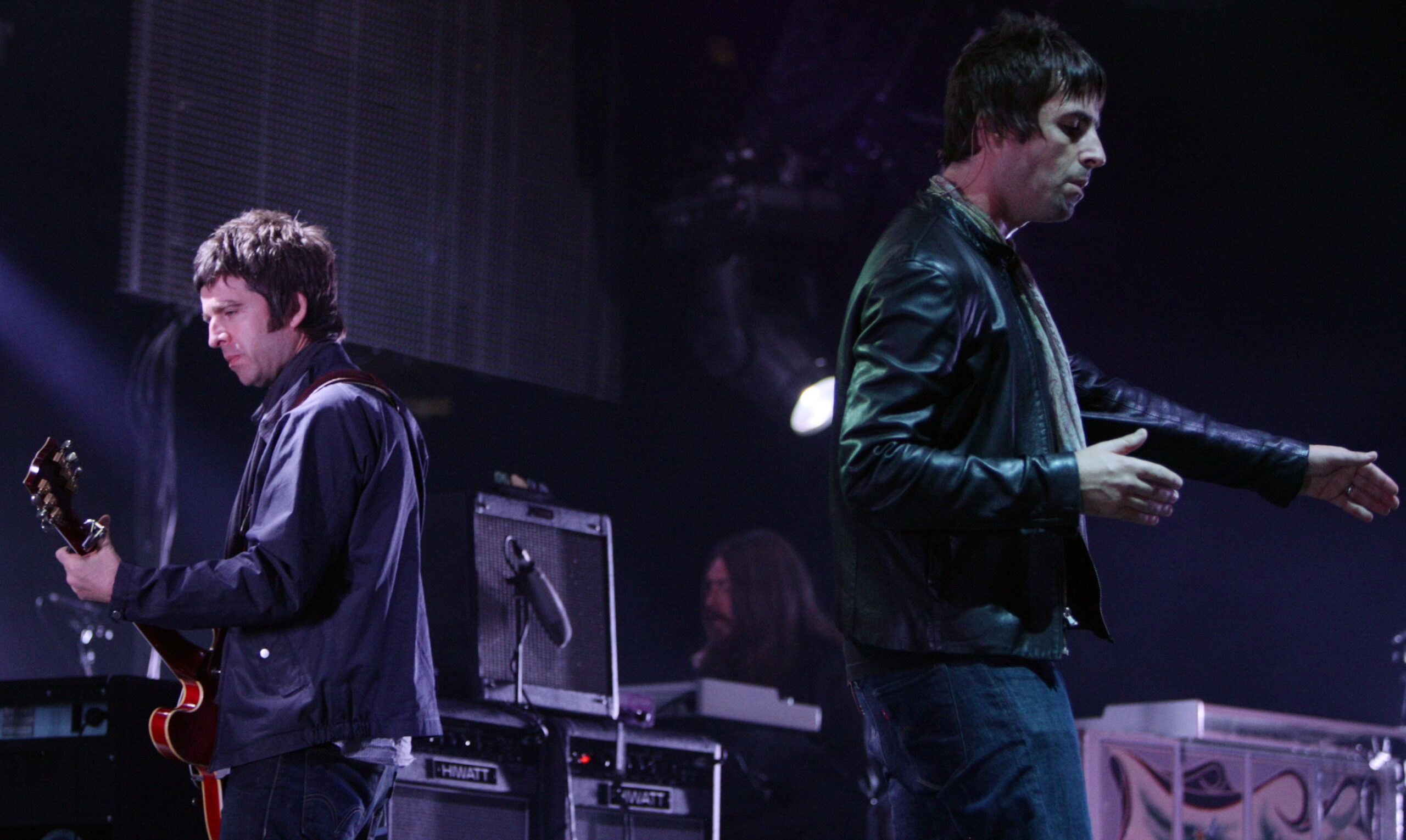 ** FILE ** In this Aug. 27, 2008 file photo, Noel, left, and Liam Gallagher of Oasis perform during the start of their Canadian tour in Vancouver, B.C. (AP Photo/The Canadian Press, Darryl Dyck, file)